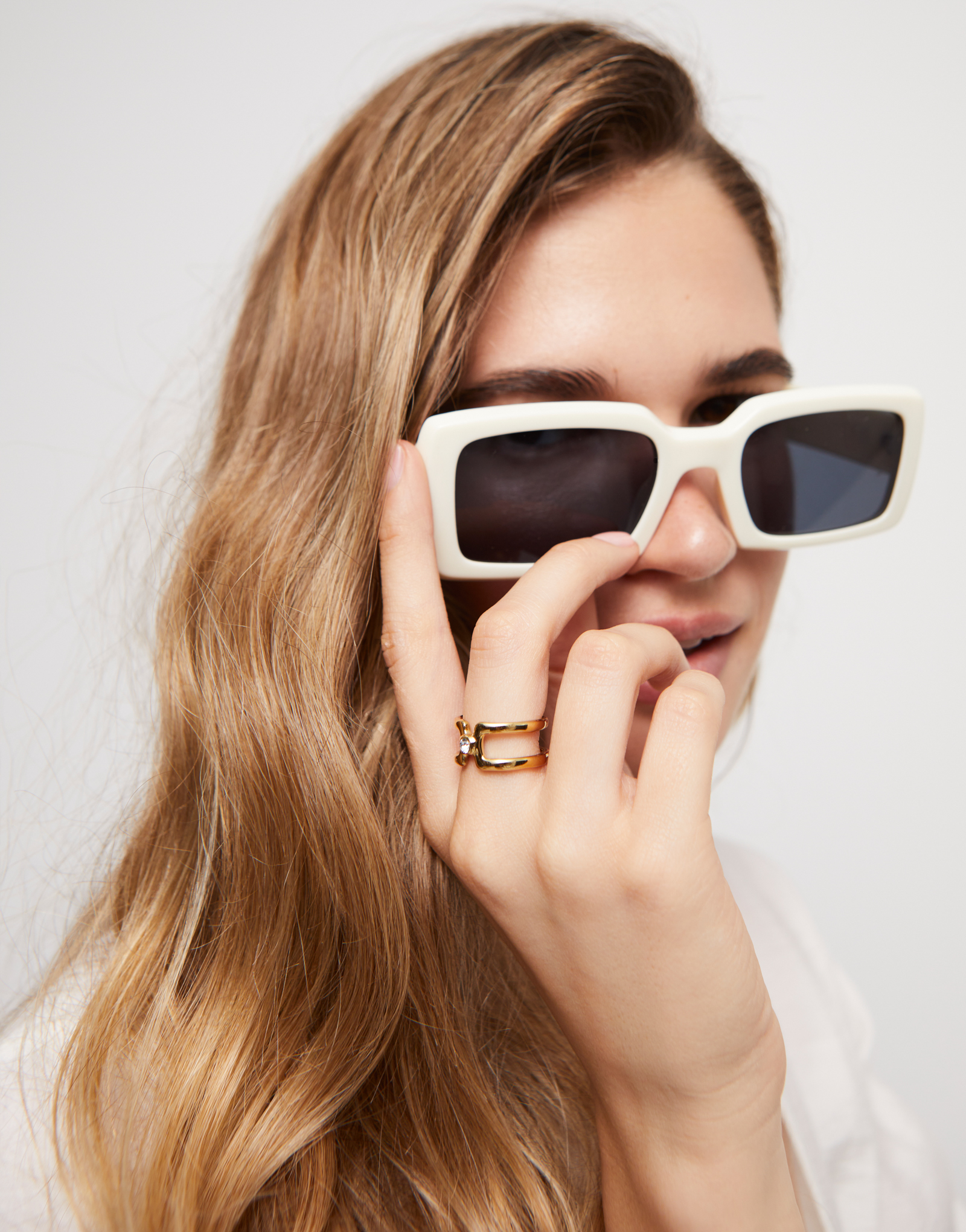 Double 18K gold-plated ring with white topaz, Golden, large thumbnail